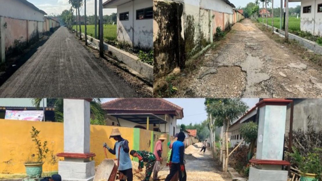 BERKAH RAMADAN: CV Ayunda Permata Sejahtera bersama Kodim 0826 Pamekasan mengaspal meter jalan rusak di Kowel. (Ist/Kabar Madura)